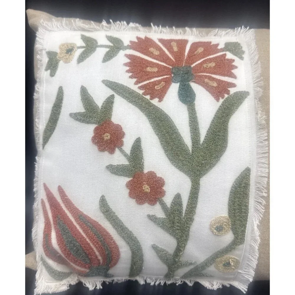 Shabby Chic Brand Tan w/ Colorful Embroidered Flowers Rectangular Pillow 25 X 16